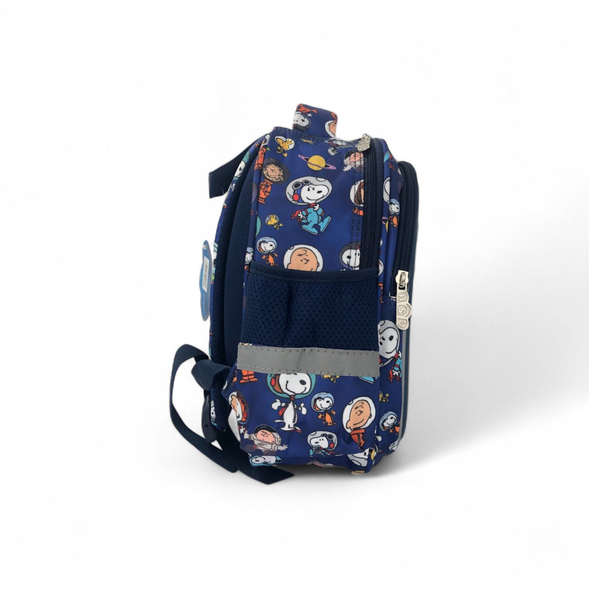12-inch navy school backpack with Snoopy cartoon print, front pocket, and side handle
