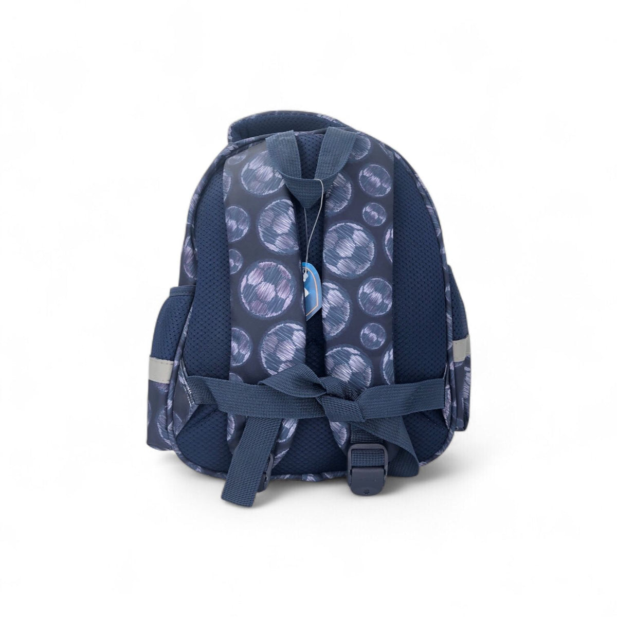 12-inch navy school backpack with repeating Snoopy face pattern and front straps