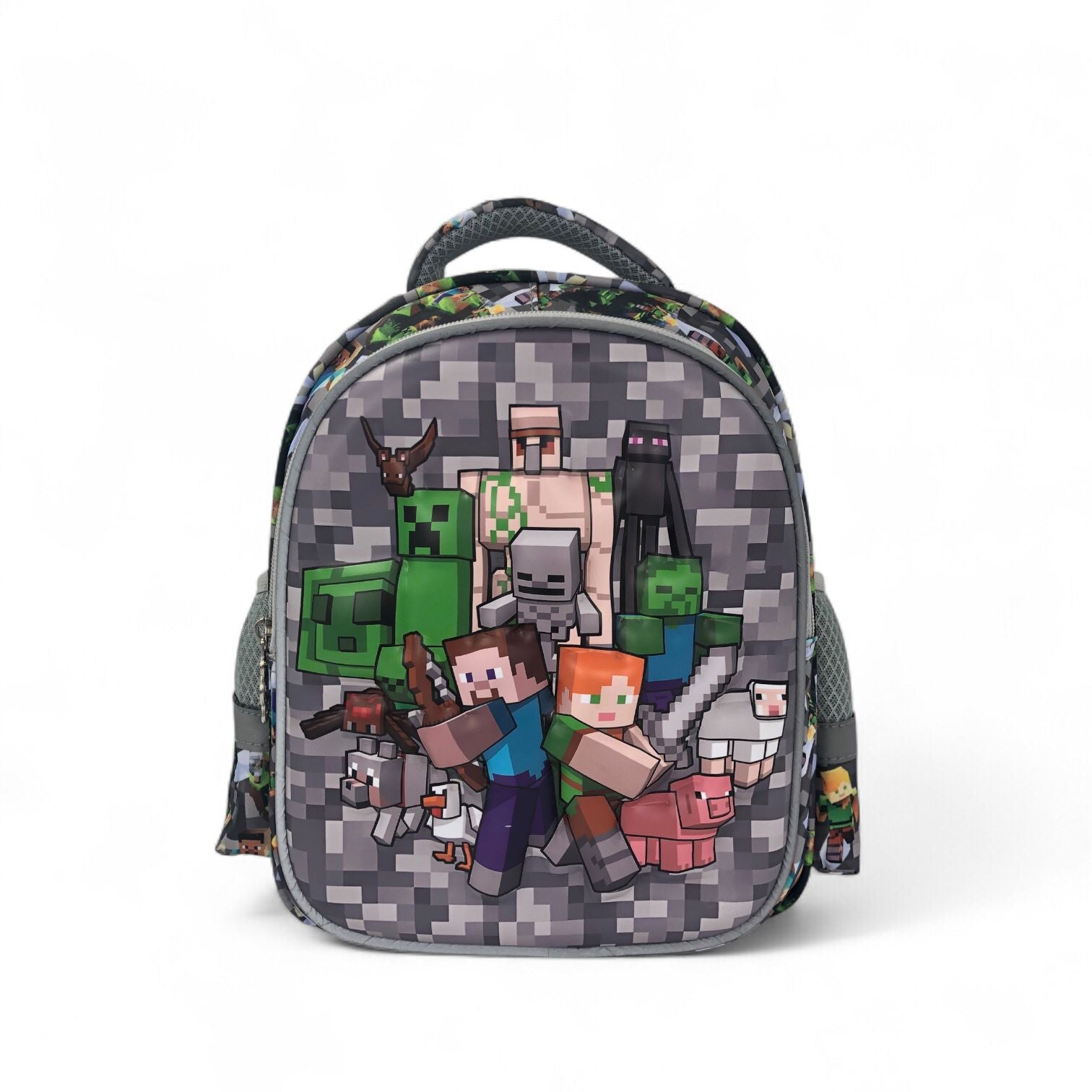 Pixel school backpack front view with pixel gamer characters, gray camouflage style print