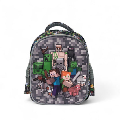 Pixel school backpack front view with pixel gamer characters, gray camouflage style print