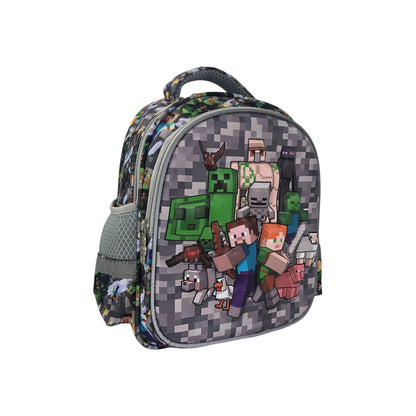 Pixel school backpack front view with central pixel hero graphic, dark gray with green