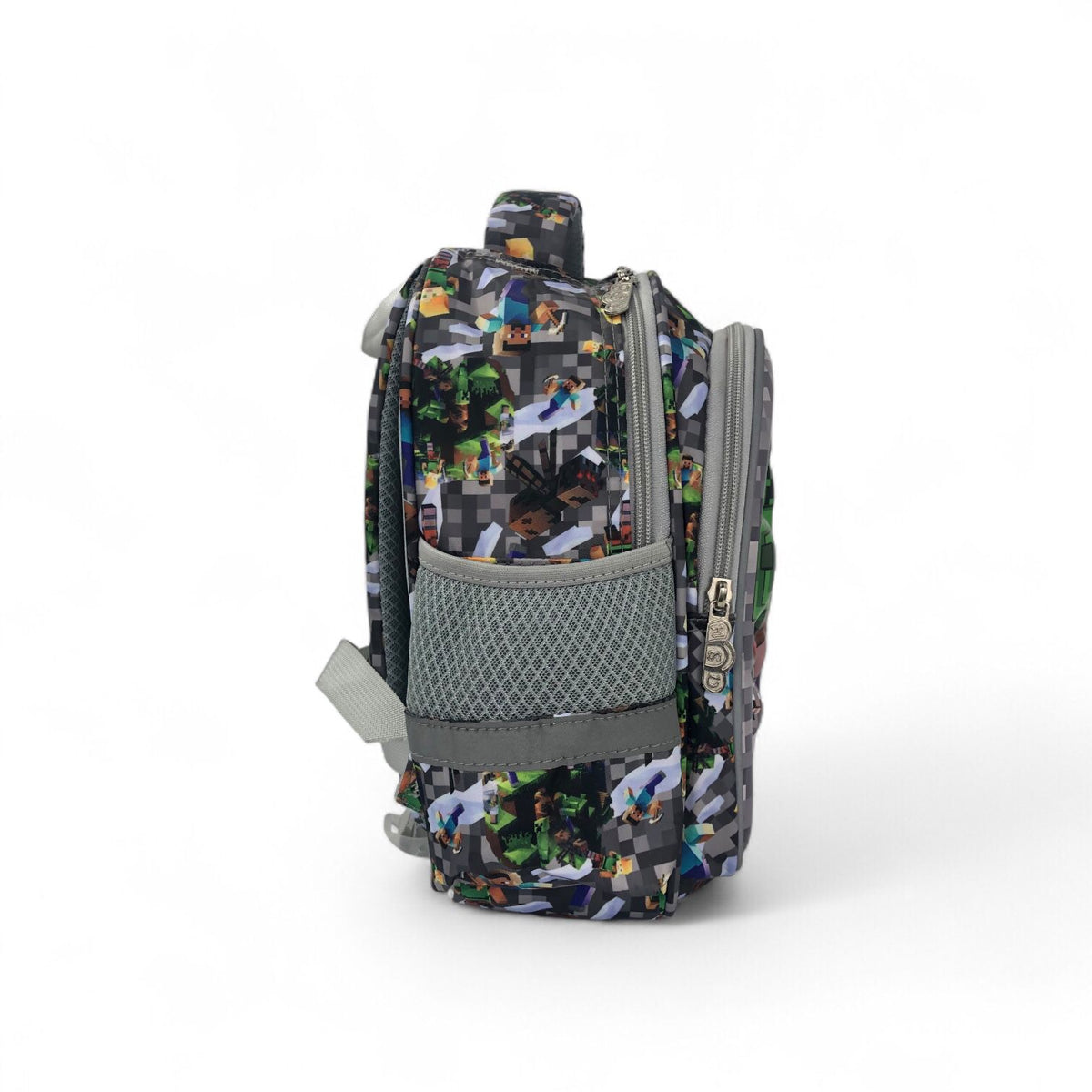 Pixel school backpack side view with zipper pocket, dark gray, green and blue details