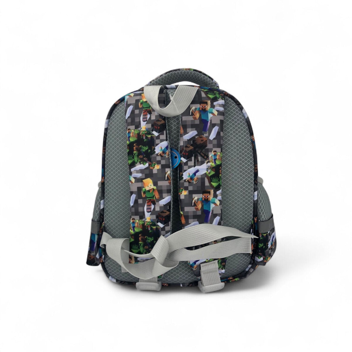 Pixel school backpack with gamer hero print, dark gray and green accents