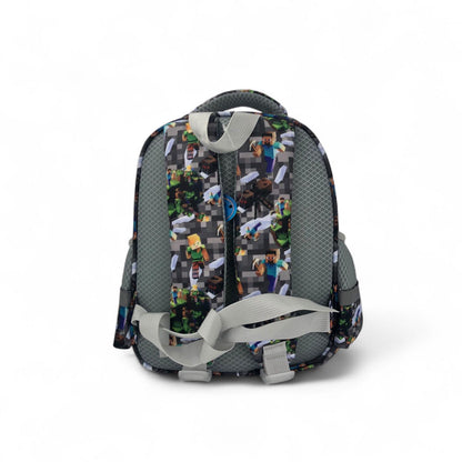 Pixel school backpack with gamer hero print, dark gray and green accents