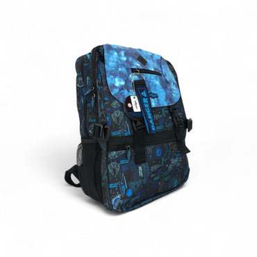 Space explorer school backpack, blue-black design, angled view with front flap and label