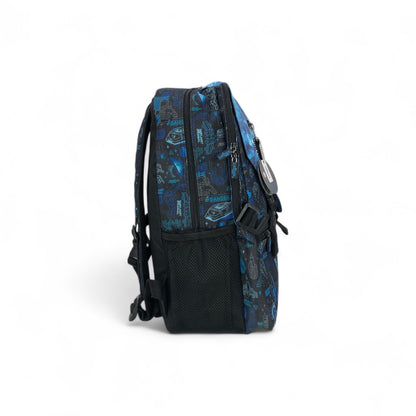 Space explorer school backpack, blue-black print, side view with front mesh pocket