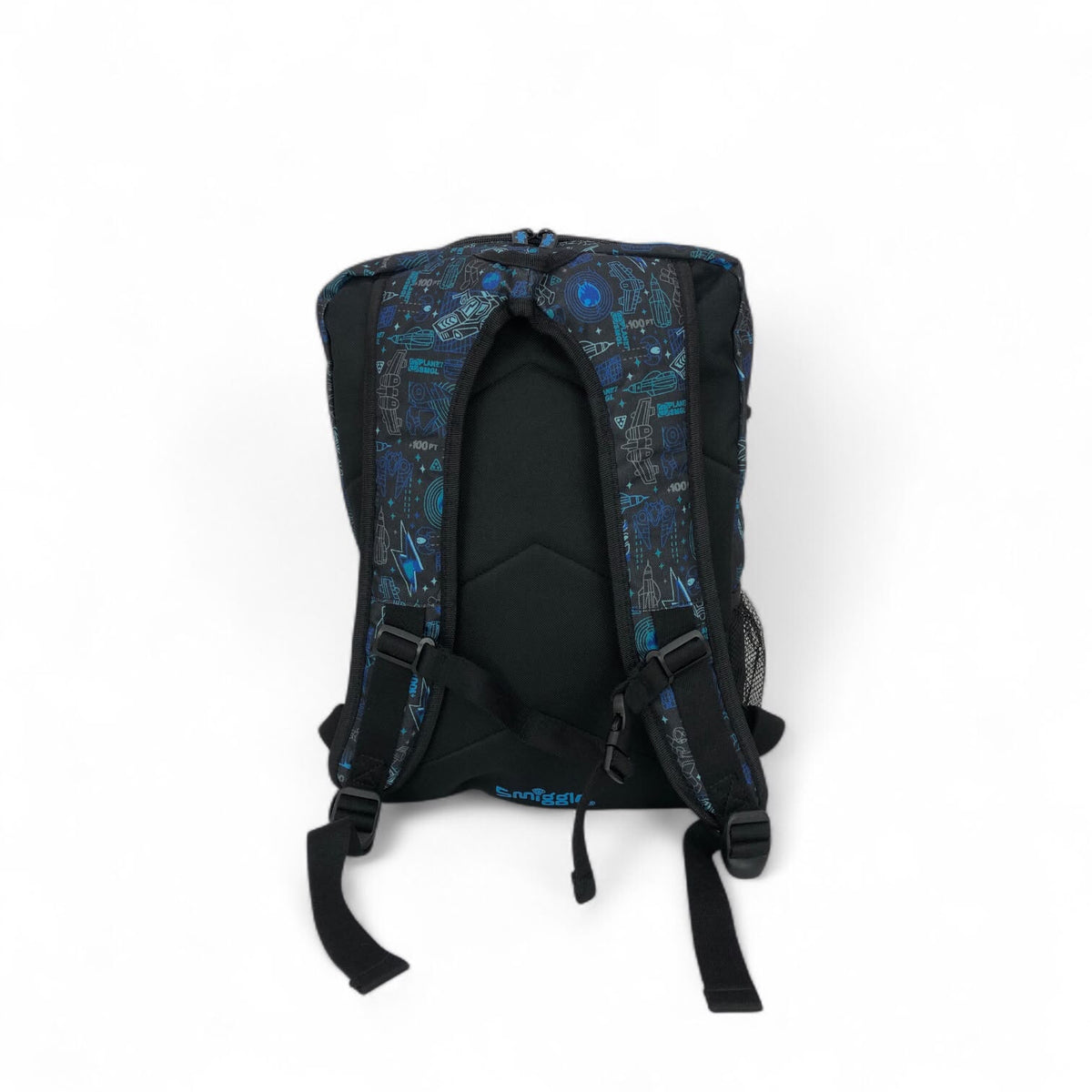 Space explorer school backpack, blue-black pattern, front opening and padded shoulder straps
