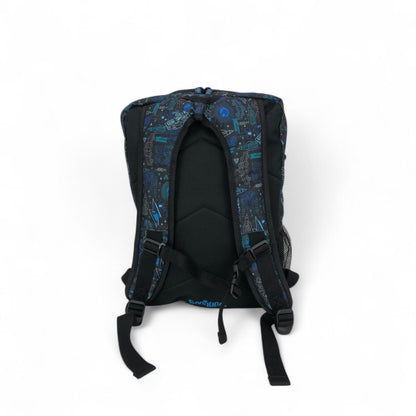 Space explorer school backpack, blue-black pattern, front opening and padded shoulder straps