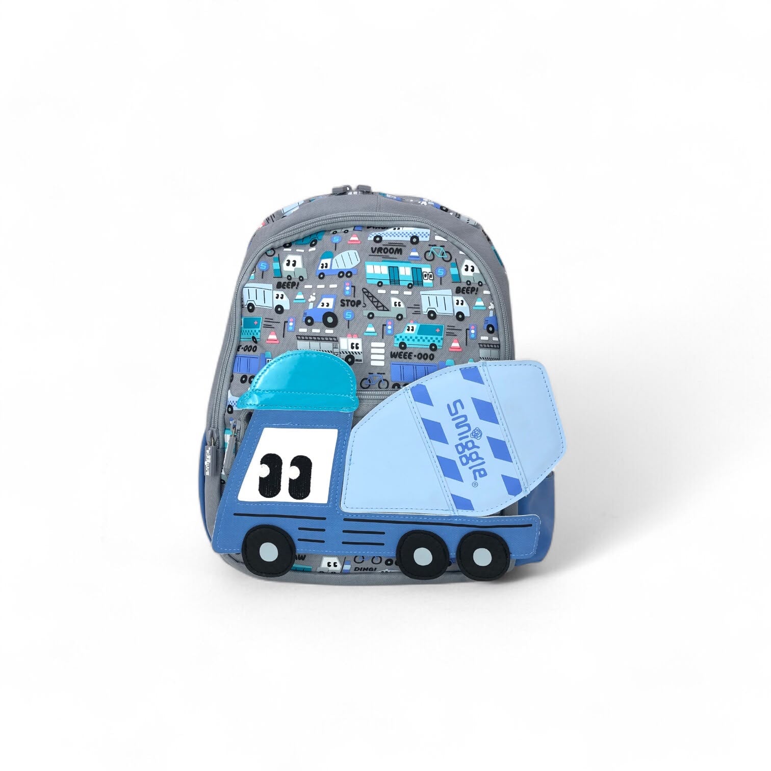 Gray and blue backpack with vehicle pattern and toy truck applique on front pocket