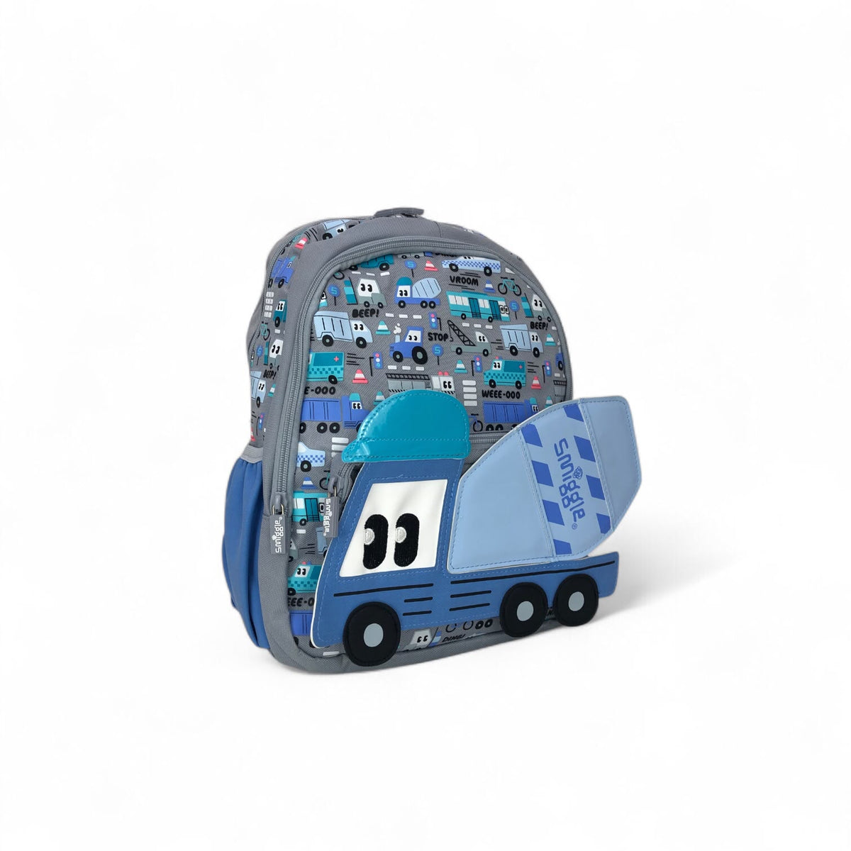 Gray and blue mini backpack with vehicle pattern and detachable toy truck front
