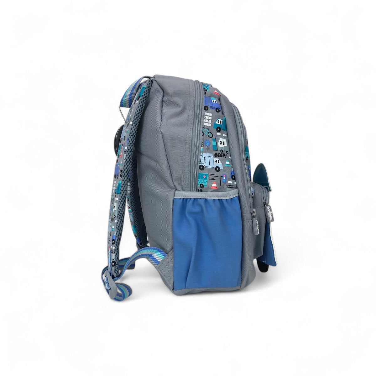 Gray backpack with blue side pocket, mesh back panel, and transport print straps