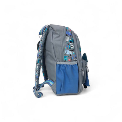 Gray backpack with blue side pocket, mesh back panel, and transport print straps