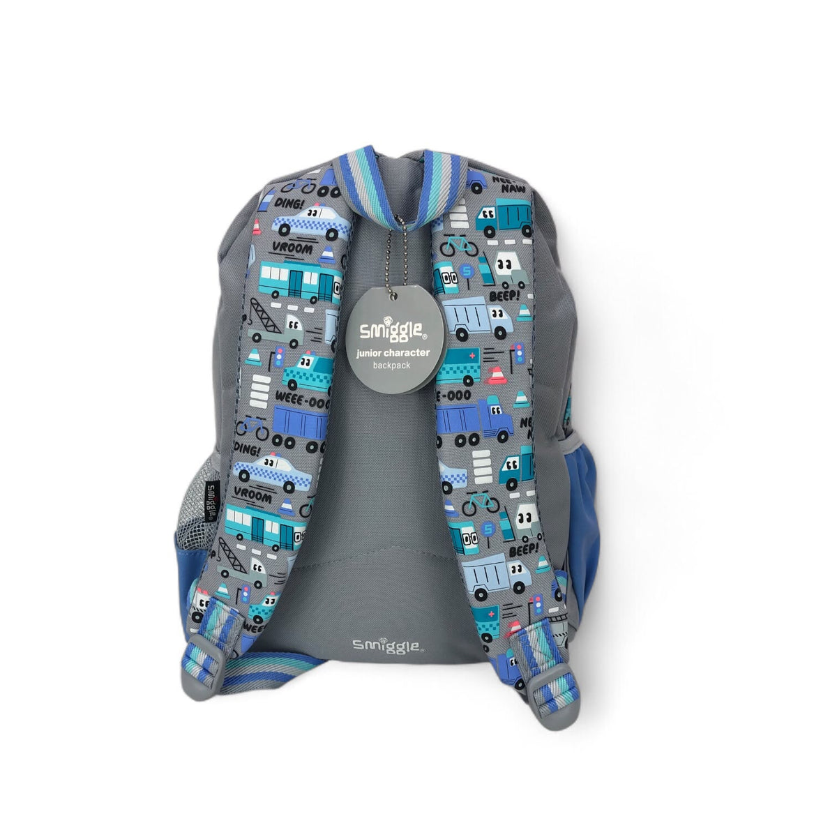 Cement gray kids school backpack with blue transport pattern and padded back straps