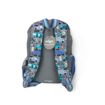 Cement gray kids school backpack with blue transport pattern and padded back straps