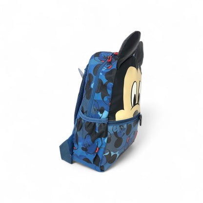 Blue Mickey Mouse backpack side view with padded back panel and carry handle