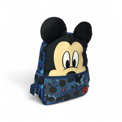 Blue Mickey Mouse head backpack with top handle, zip pocket, and padded straps