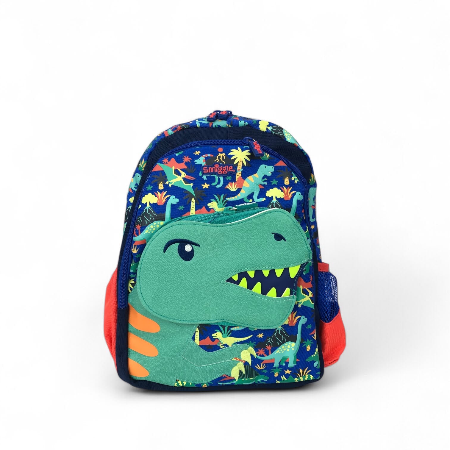 Smiggle Jurassic dinosaur backpack with green dinosaur face and colorful jungle-print front