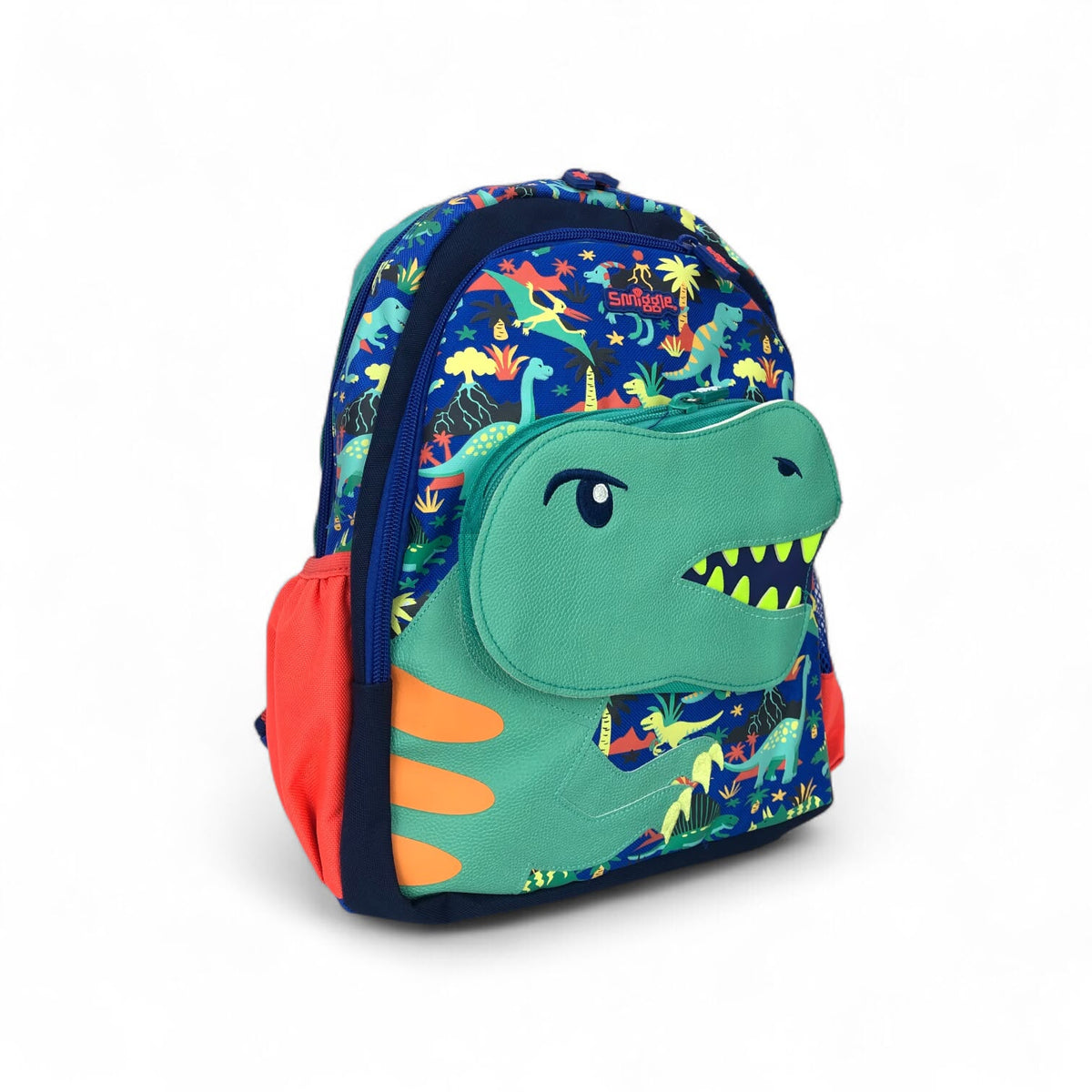 Smiggle Jurassic dinosaur backpack with green dinosaur-face applique on blue jungle print