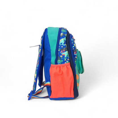 Jurassic dinosaur school backpack, side view with blue body, green panel pocket and red front