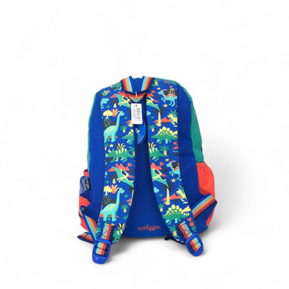 Jurassic dinosaur school backpack, blue with colorful jungle print and red side panels