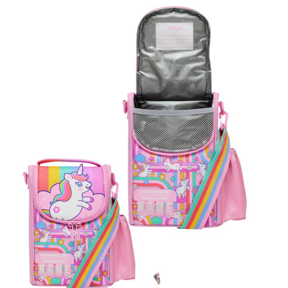 Pink unicorn lunch bag with silver insulated back panel and front pocket