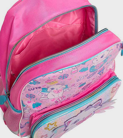 Kids cat backpack side view, pink shell with teal-trimmed mesh pocket