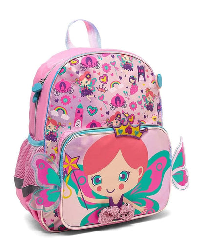 Kids backpack with fairy character face and butterfly details, front zip pocket.