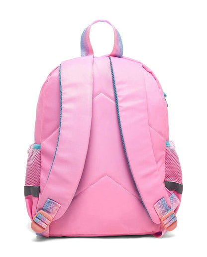 Pink kids backpack back view with padded straps and adjustable buckles.