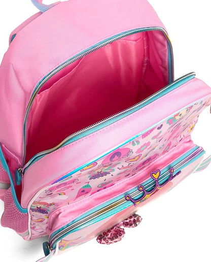 Kids backpack front pocket close-up with teal zipper, pink interior lining, mesh side.