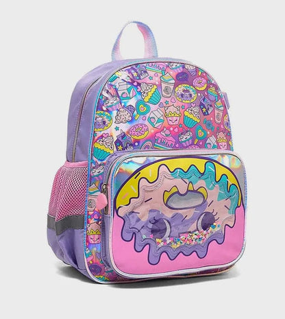 Kids backpack with purple frame, pink base, and colorful dessert character print