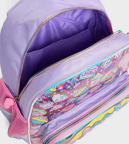 Kids backpack side view with open interior and patterned front zip pocket