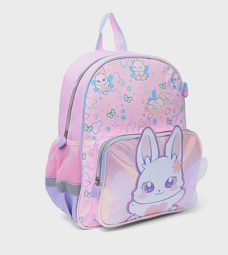Pastel purple kids backpack angled view, bunny face front panel, dual zippers