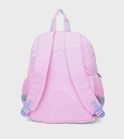 Pastel pink kids backpack back view with padded straps and stitched top handle