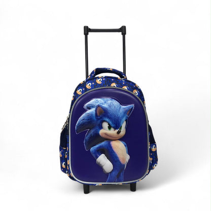 Blue character trolley backpack front view with large face graphic, wheels, and top handle