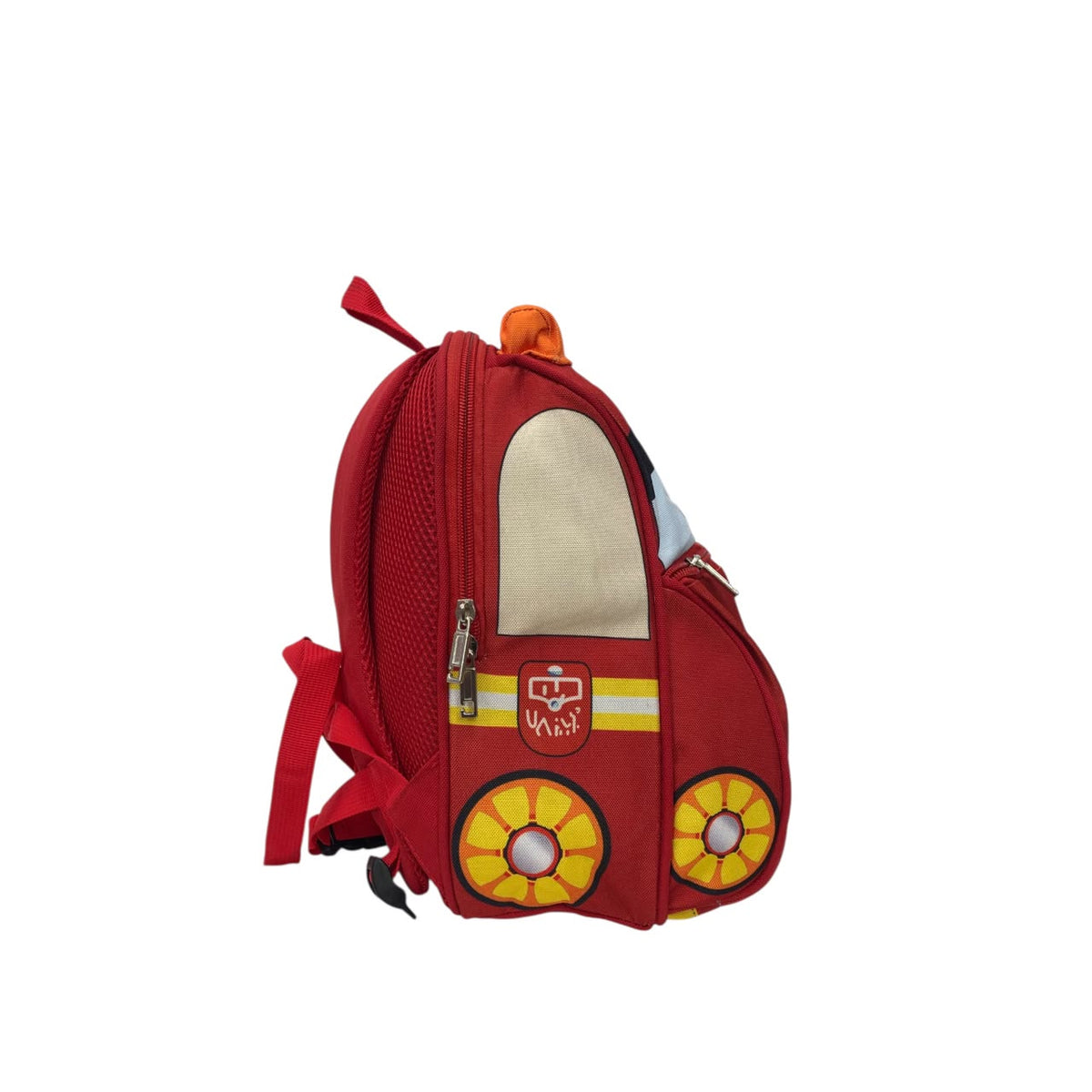 Red fire truck backpack side view with beige panel and fire wheel emblems