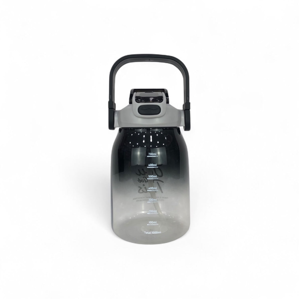 1000ml gradient motivational water bottle with carry handle, black-to-gray front text