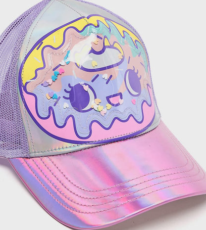 Mesh cap front close-up with pastel donut graphic; lavender crown and pink iridescent brim