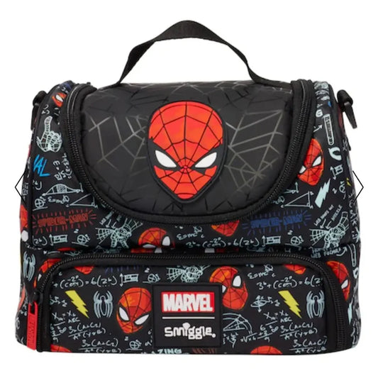 Spider-Man lunch bag, black with red Spider-Man face, side zippers, Marvel logo