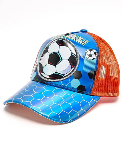 Vest cap with blue front featuring large soccer-ball patch, orange mesh sides