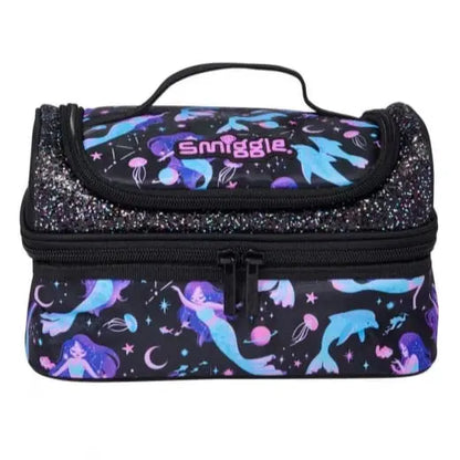 Black mermaid lunch bag with purple/blue fantasy print, front zip pocket, handle