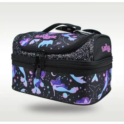 Black mermaid lunch bag with glitter-speckled trim, fantasy print, front zip