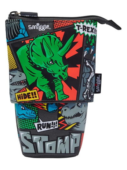 2-in-1 zippered dinosaur pencil case with green T-Rex graphic, black trim, handle loop