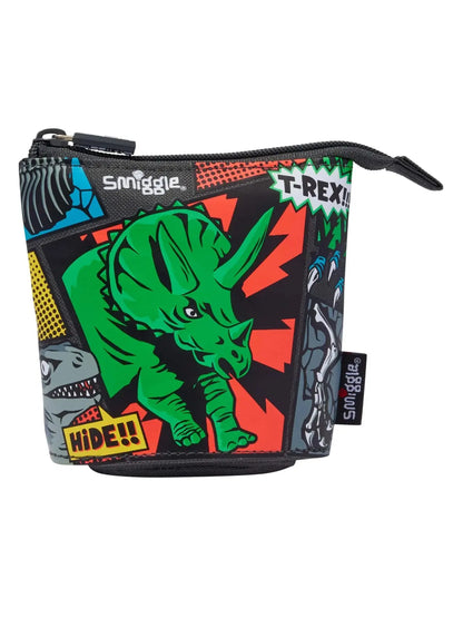 Zippered dinosaur pencil case with green T-Rex graphic, black strap, Smiggle