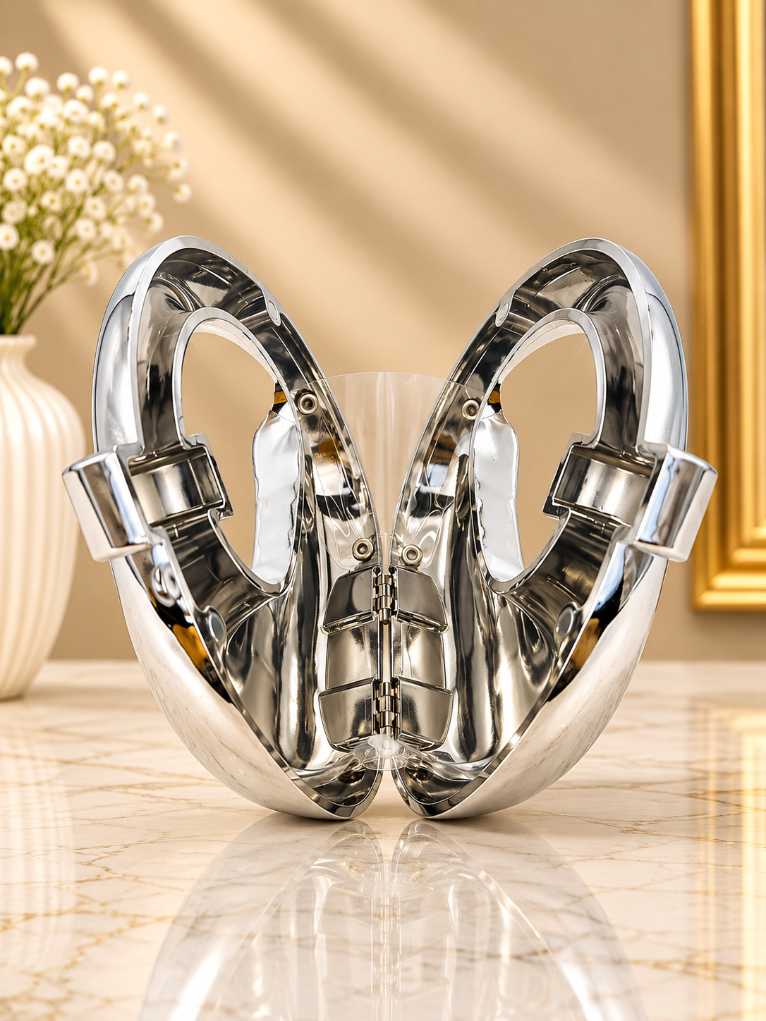 Silver metallic ring-loop evening handbag, open front view with hinged handle