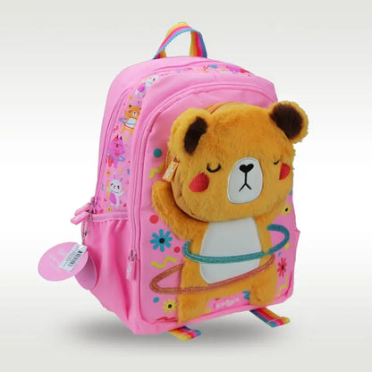 14-inch plush bear backpack in pink, with attached smiling bear and rainbow handle.