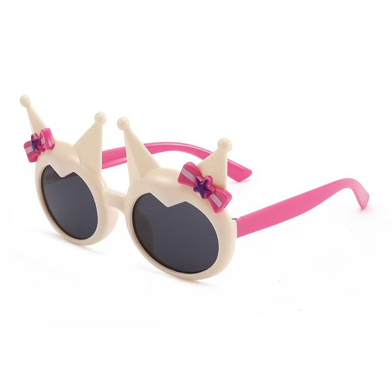 Kids' pink crown & bow party sunglasses with round dark lenses