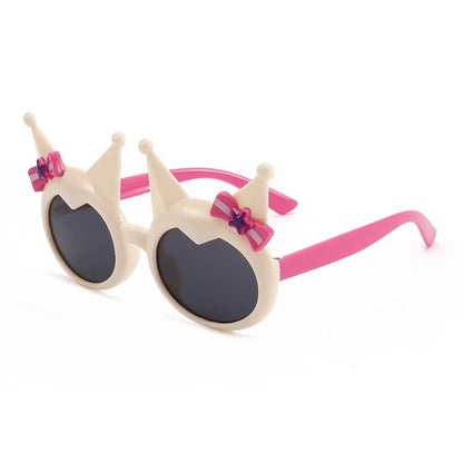 Kids' pink crown & bow party sunglasses with round dark lenses