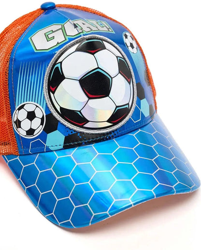 Vest cap with orange mesh, blue top panel showing soccer-ball logo and hex pattern