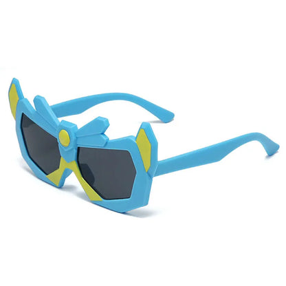 Kids shield sunglasses, blue frame with yellow side accents and dark lenses