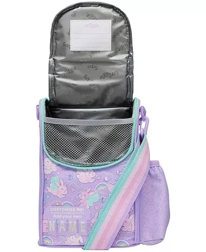 Purple kids lunch bag with open top, mesh pocket, mint zipper trim